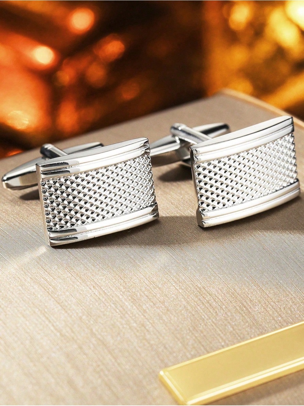 Silver Textured Rectangular Cufflinks for Men